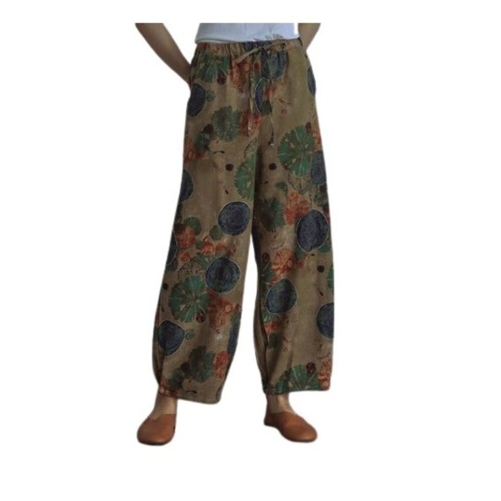 Private Tailor Pleated Cuff Cropped Pants Large Linen Blend Wide Leg Floral